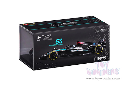 Bburago Formula Racing - Mercedes AMG Petronas F1 Team #63 George Russell with Driver Formula One F1 W15 E Performance (2024) (1/43 scale diecast model car, Black) 18-38209/63