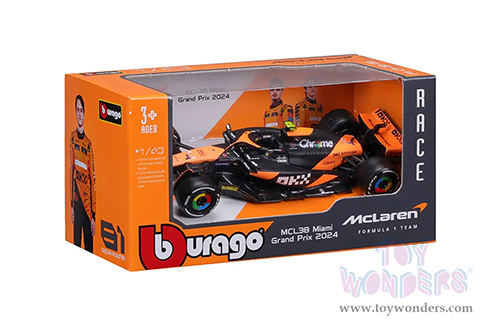 Bburago Formula Racing - McLaren F1 Team #4 Lando Norris "OKX" Winner Formula One F1 Miami GP 2024 (1/43 scale diecast model car, Black/Orange) 18-38214/4