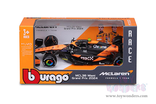 Bburago Formula Racing - McLaren F1 Team #4 Lando Norris "OKX" Winner Formula One F1 Miami GP 2024 (1/43 scale diecast model car, Black/Orange) 18-38214/4