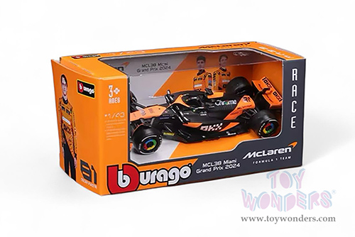 Bburago Formula Racing - McLaren F1 Team #81 Oscar Piastri "OKX" Formula One F1 Miami GP 2024 (1/43 scale diecast model car, Black/Orange) 18-38214/81