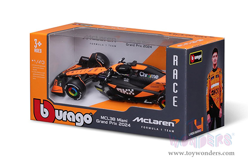 Bburago Formula Racing - McLaren F1 Team #81 Oscar Piastri "OKX" Formula One F1 Miami GP 2024 (1/43 scale diecast model car, Black/Orange) 18-38214/81