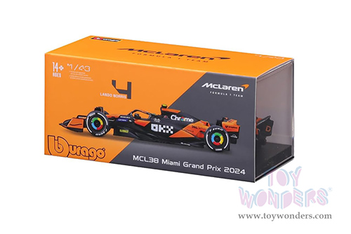 Bburago Formula Racing - McLaren F1 Team #4 Lando Norris with Driver "OKX" Winner Formula One F1 Miami GP (2024) (1/43 scale diecast model car, Black/Orange) 18-38215/4