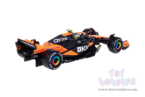 Bburago Formula Racing - McLaren F1 Team #4 Lando Norris with Driver "OKX" Winner Formula One F1 Miami GP (2024) (1/43 scale diecast model car, Black/Orange) 18-38215/4