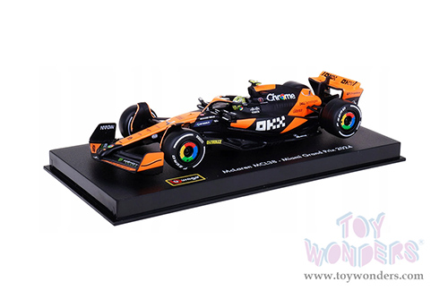 Bburago Formula Racing - McLaren F1 Team #4 Lando Norris with Driver "OKX" Winner Formula One F1 Miami GP (2024) (1/43 scale diecast model car, Black/Orange) 18-38215/4