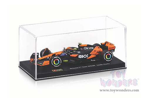 Bburago Formula Racing - McLaren F1 Team #4 Lando Norris with Driver "OKX" Winner Formula One F1 Miami GP (2024) (1/43 scale diecast model car, Black/Orange) 18-38215/4