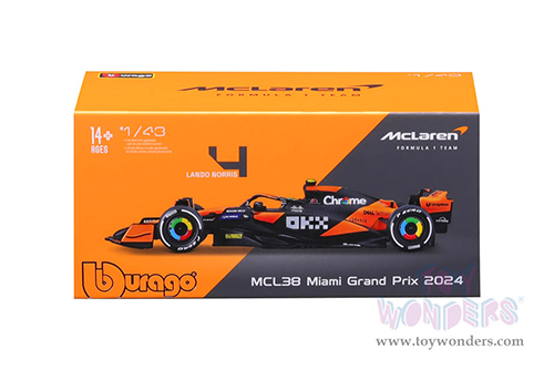 Bburago Formula Racing - McLaren F1 Team #4 Lando Norris with Driver "OKX" Winner Formula One F1 Miami GP (2024) (1/43 scale diecast model car, Black/Orange) 18-38215/4