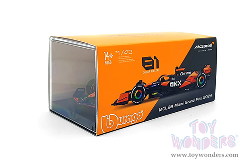 Bburago Formula Racing - McLaren F1 Team #81 Oscar Piastri with Driver "OKX" Formula One F1 Miami GP (2024) (1/43 scale diecast model car, Black/Orange) 18-38215/81