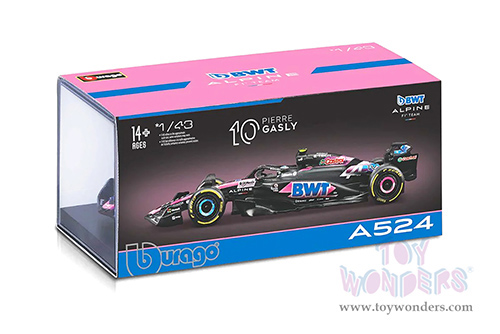 Bburago Formula Racing - BWT Alpine A524 #10 Pierre Gasly with Driver Formula One F1 (2024) (1/43 scale diecast model car, Blue/Black/Pink) 18-38220/10