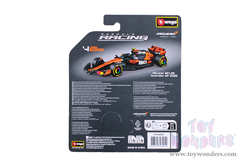 BBurago Formula Racing - McLaren MCL39 #4 Lando Norris Formula One F1 Australian GP (2025) (1/64 scale diecast model car, Black/Orange) 18-58001/4