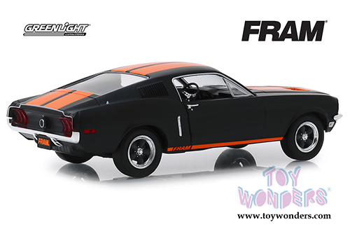 Greenlight Hollywood - Ford Mustang GT Fastback FRAM Oil Filters (1968, 1/24 scale diecast model car, Black/Orange) 18253