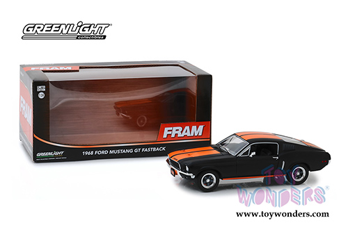 Greenlight Hollywood - Ford Mustang GT Fastback FRAM Oil Filters (1968, 1/24 scale diecast model car, Black/Orange) 18253