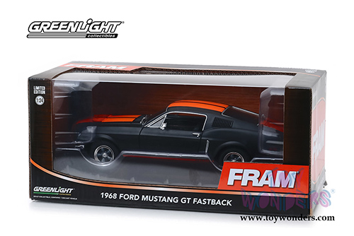 Greenlight Hollywood - Ford Mustang GT Fastback FRAM Oil Filters (1968, 1/24 scale diecast model car, Black/Orange) 18253
