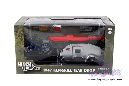 Greenlight - Hitch & Tow Trailers Series 2 | Ken Skill Tear Drop Trailer with Accessories (1947, 1/24 scale diecast model car, Silver) 18420A/12