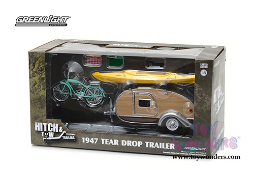 Greenlight - Hitch & Tow Trailers Series 3 | Tear Drop Trailer with Accessories (1947, 1/24 scale diecast model car, Beige) 18430A/12