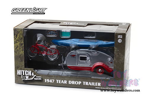 Greenlight - Hitch & Tow Trailers Series 4 | Drop Trailer with Accessories (1947, 1/24 scale diecast model car, Silver/red) 18440A/12