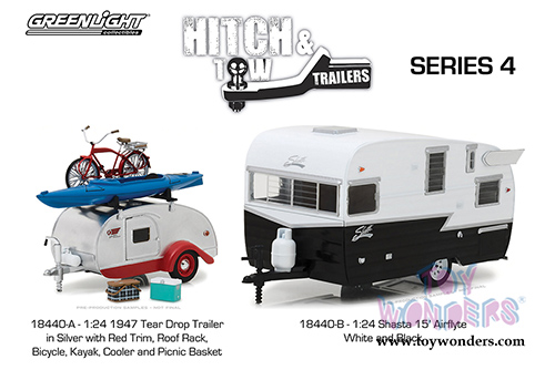 Greenlight - Hitch & Tow Trailers Series 4 | Shasta 15 ft. Airflyte Camper Trailer (1/24 scale diecast model car, Black/White) 18440B/12