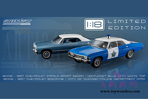 Greenlight - Artisan Chevy Biscayne - city of Chicago Police Department (1967, 1/18 scale diecast model car, Blue with White) 19009