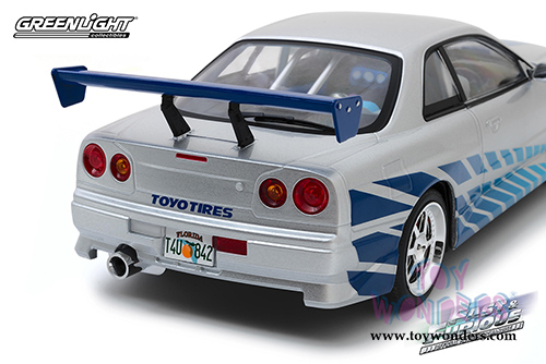 Greenlight - Artisan Fast & Furious - Nissan Skyline GT-R (R34) With Blue Neon LED Lights  (1999, 1/18 scale diecast model car, Silver/Blue) 19041