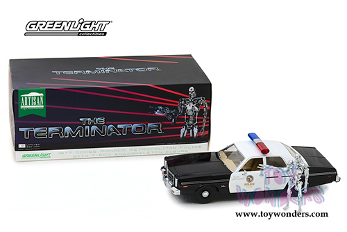 Greenlight - Artisan Dodge Monaco Metropolitan Police with T-800 Endoskeleton Figure "The Terminator™" (1977, 1/18 scale diecast model car, Black/White) 19042
