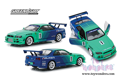 Greenlight - Artisan Nissan Skyline GT-R BNR34 #1 Falken Tires (1999, 1/18 scale diecast model car, Green/Blue) 19050