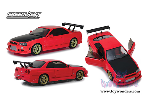 Greenlight - Artisan Nissan Skyline GT-R R34 with Neon LED Light Underglow (1999, 1/18 scale diecast model car, Red/Black) 19052