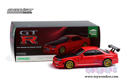 Greenlight - Artisan Nissan Skyline GT-R R34 with Neon LED Light Underglow (1999, 1/18 scale diecast model car, Red/Black) 19052