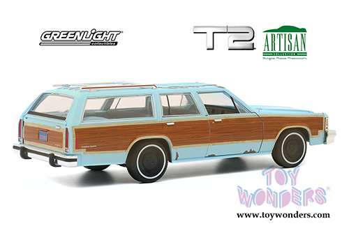 Greenlight - Artisan Ford LTD Country Squire with Wood Grain Paneling (Weathered) "Terminator 2: Judgment Day" (1979, 1/18 scale diecast model car, Light Blue) 19085