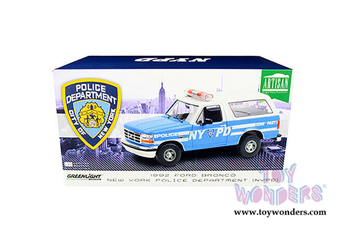 Greenlight - Artisan Ford Bronco Police Car (NYPD) New York City Police Department (1992, 1/18 scale die cast model car, Light Blue/White) 19087