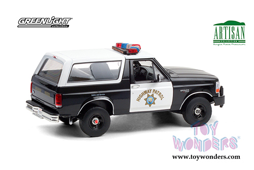 Greenlight - Artisan Ford Bronco Police Car (CHP) California Highway Patrol (1995, 1/18 scale die cast model car, Black/White) 19089