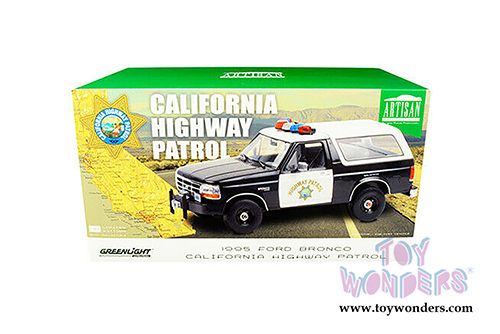 Greenlight - Artisan Ford Bronco Police Car (CHP) California Highway Patrol (1995, 1/18 scale die cast model car, Black/White) 19089