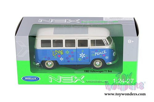 Welly - Volkswagen Classical T1 Bus with Love/Peace Decals (1963, 1/24 scale diecast model car, Blue) 22095A1WBU