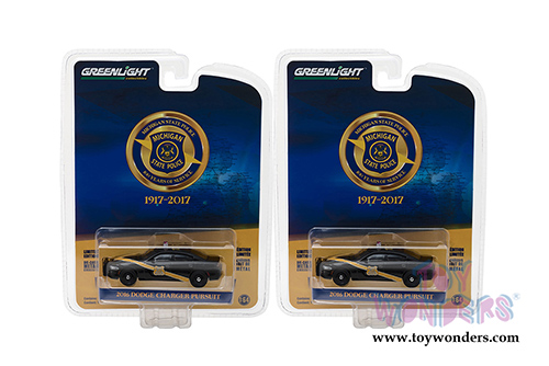 Greenlight - Anniversary Collection Series 6 | Dodge Charger Police Pursuit  Michigan State Police 100th Anniversary Patrol Car (2016, 1/64 scale diecast model car, Black) 27940E/48
