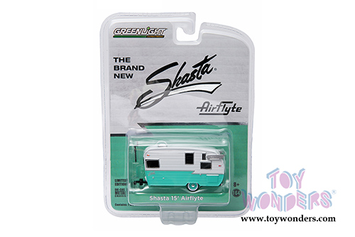 Greenlight - Shasta 15 ft Airflyte Travel Trailer (1/64 scale diecast model car, Turquoise/White) 29854