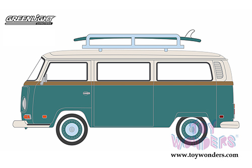 Greenlight - Volkswagen Type 2 Bus with Surf Board (1972, 1/64 scale diecast model car, Green w/White top) 29855/48