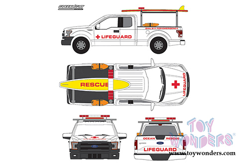 Greenlight - Ford F-150 Pickup Truck with Lifeguard Accessories (2016, 1/64 scale diecast model car, White) 29899/48