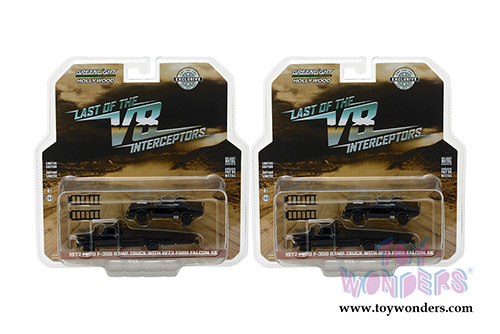 Greenlight Hollywood - Last of the V8 Interceptors (1979) 1972 Ford F-350 Ramp Truck with 1973 Ford Falcon XB (1972, 1973, 1/64 scale diecast model car, Black/White) 29925/48