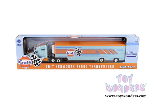 Greenlight - Gulf Oil | Kenworth T2000 Transporter (2017, 1/64 scale diecast model car, Light Blue/Orange) 29929