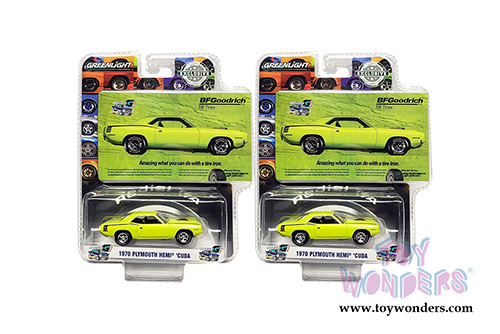 Greenlight - Plymouth HEMI&reg; Barracuda "Amazing What You Can Do with A Tire Iron" BFGoodrich Vintage Ad Car (1970, 1/64 scale diecast model car, Lime Green) 29977/48