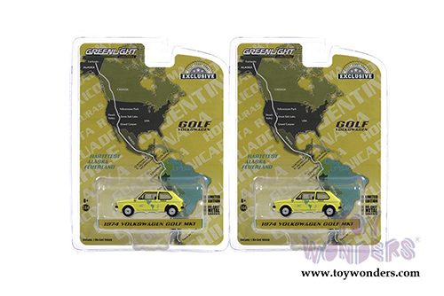 Greenlight - Volkswagen Golf Mk1 - Hartetest Alaska-Feuerland Alaska, USA to Tierra Del Fuego, Argentina Car #1 (1974, 1/64 scale diecast model car, Yellow) 30238/48