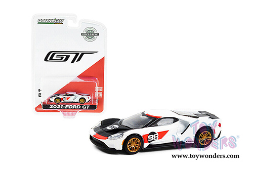 Greenlight - Ford GT Heritage Edition | 2021 Ford GT #98 Tribute to Ford MKII Ken Miles and Lloyd Ruby 1966 24 Hours of Daytona (2021, 1/64 scale diecast model car, White/Orange) 30244/48