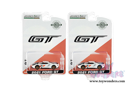 Greenlight - Ford GT Heritage Edition | 2021 Ford GT #98 Tribute to Ford MKII Ken Miles and Lloyd Ruby 1966 24 Hours of Daytona (2021, 1/64 scale diecast model car, White/Orange) 30244/48
