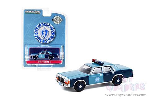 Greenlight - Ford LTD Crown Victoria - Massachusetts State Police - 1982 Sam Melville/Jonathan Jackson Unit Shootout, North Attleboro, Massachusetts (1981, 1/64 scale diecast model car, Black/Blue) 30289/48