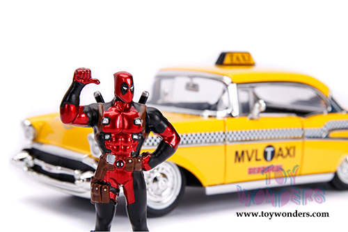 Jada Toys - Metals Die Cast | Chevy&reg; Bel Air&reg; Taxi with Deadpool&trade; Diecast Figure (1957, 1/24, diecast model toy, Yellow) 30290