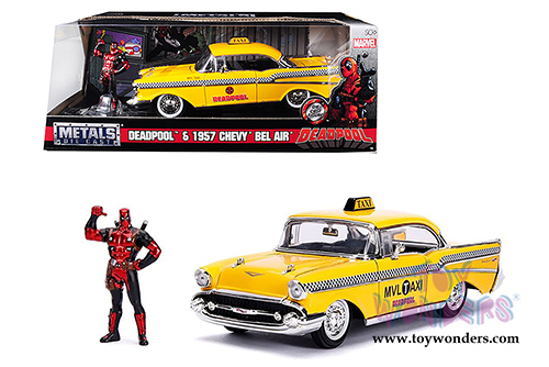Jada Toys - Metals Die Cast | Chevy&reg; Bel Air&reg; Taxi with Deadpool&trade; Diecast Figure (1957, 1/24, diecast model toy, Yellow) 30290