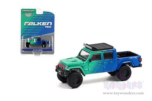Greenlight - Jeep&reg; Gladiator Pickup Truck with Off-Road Parts - Falken Tires (2021, 1/64 scale diecast model car, Green/Blue) 30298/48
