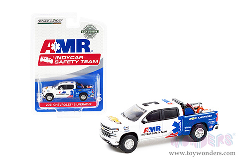Greenlight - NTT IndyCar Series Chevrolet&reg; Silverado Pickup Truck "AMR IndyCar Safety Team" with Safety Equipment in Truck Bed (2021, 1/64 scale diecast model car, White/Blue) 30317/48