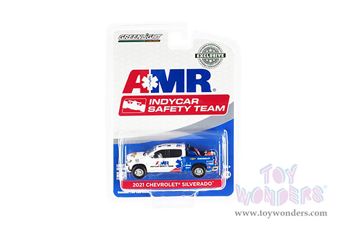 Greenlight - NTT IndyCar Series Chevrolet&reg; Silverado Pickup Truck "AMR IndyCar Safety Team" with Safety Equipment in Truck Bed (2021, 1/64 scale diecast model car, White/Blue) 30317/48