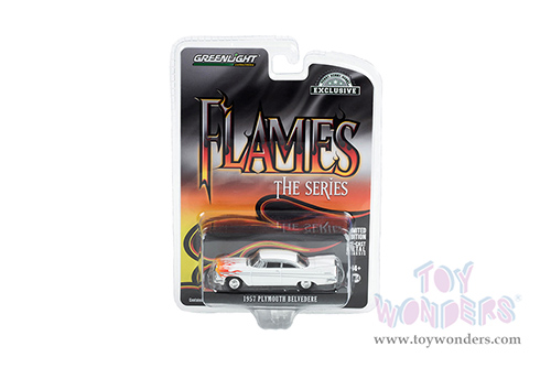 Greenlight - Flames The Series | Plymouth Belvedere (1957, 1/64 scale diecast model car, White with Flames) 30362/48