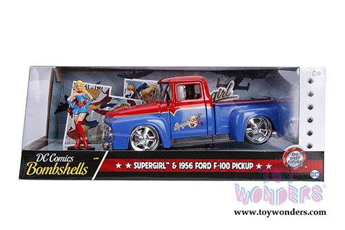Jada Toys - Metals Die Cast | DC Comics Bombshells - Ford F-100 Pickup Truck with Supergirl&trade; Diecast Figure (1956, 1/24, diecast model toy, Red/Blue) 30454