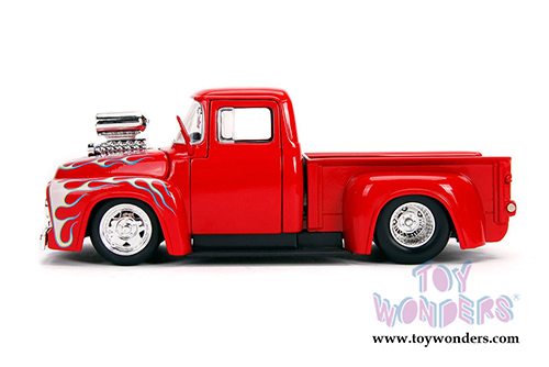 Jada Toys - Metals Die Cast | Just Trucks Ford F-100 Pickup Truck with engine Blower (1956, 1/24 scale diecast model car, Glossy Red w/Flames) 30715